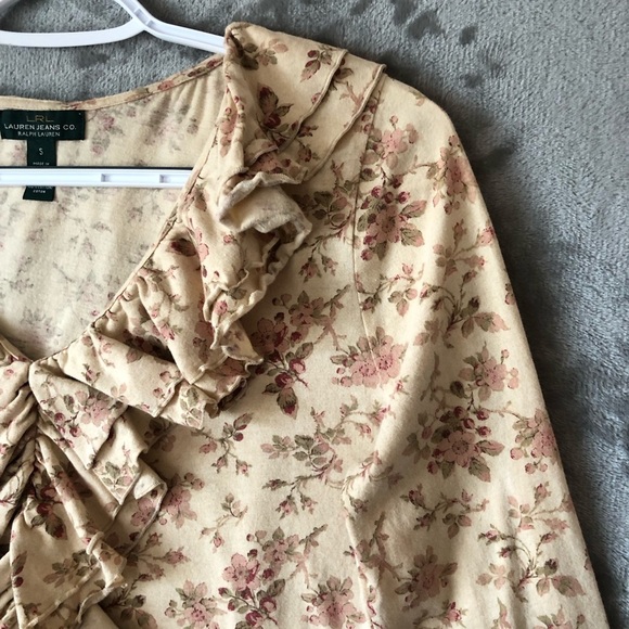 Lauren Jeans Co. Ruffle Neck Top Size S Long Sleeve Floral Cotton Old Money - Picture 5 of 14